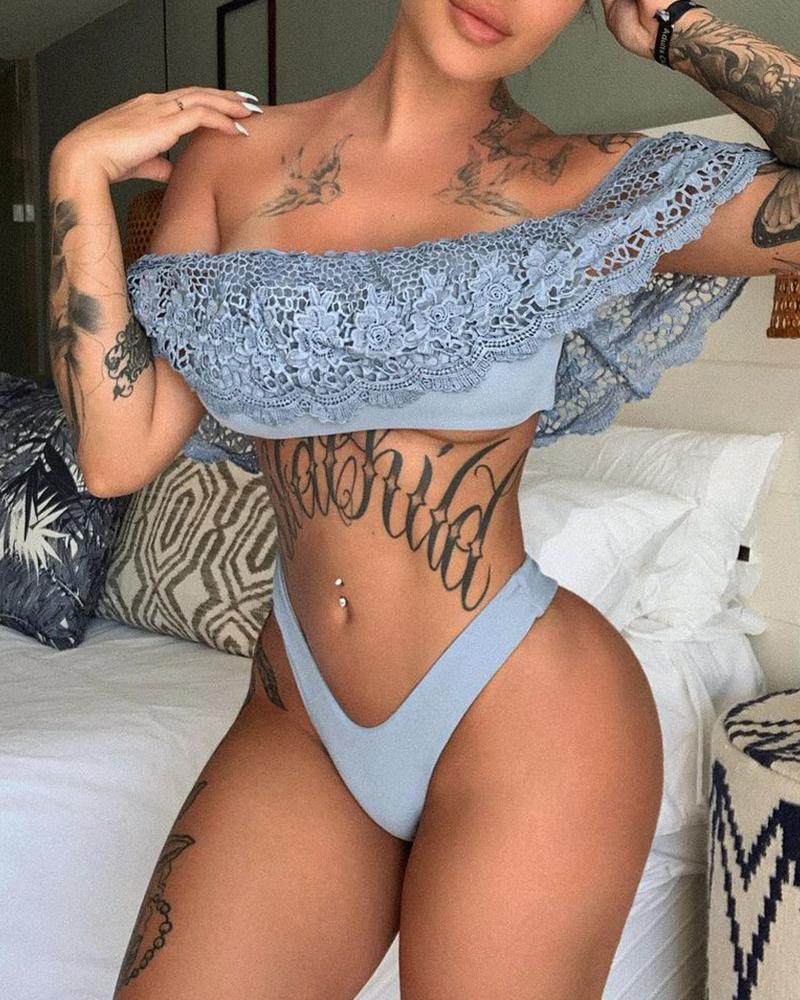 

Guipure Lace Off Shoulder Bikini Set, Blue