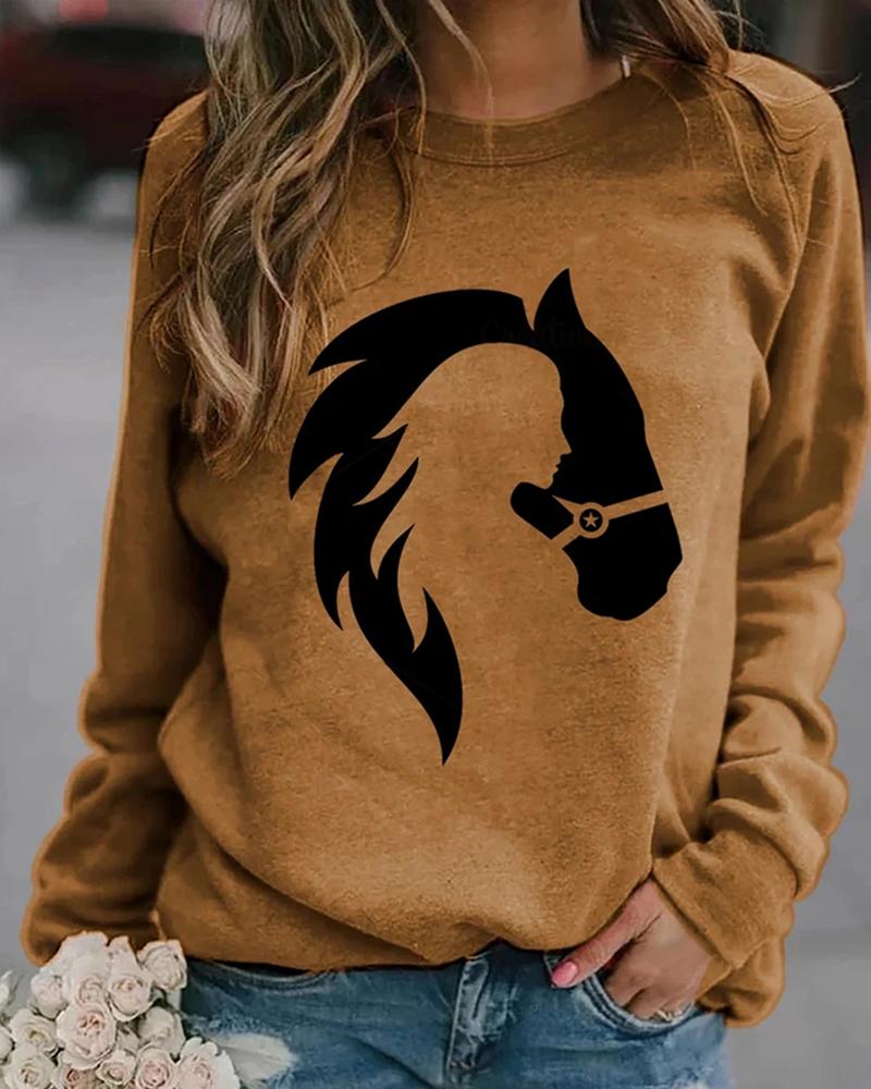 

Horse Print Long Sleeve Casual Sweatshirt, Brown