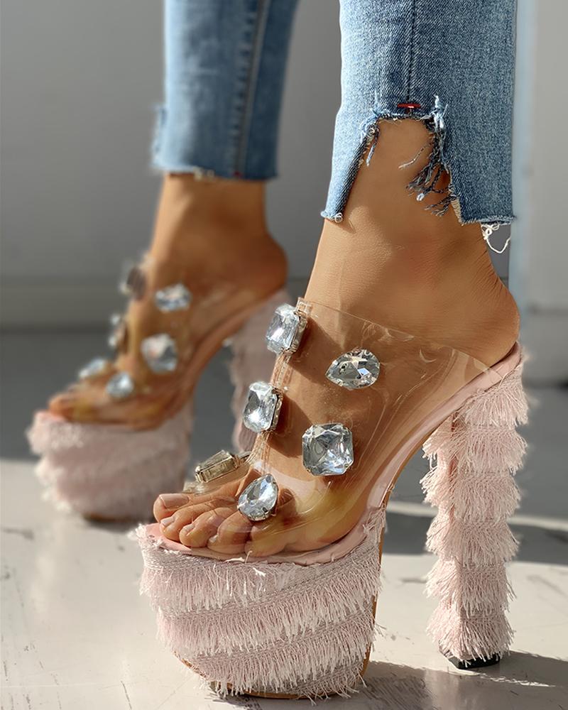 

Fluffy Transparent Platform Chunky Heeled Sandals, Pink