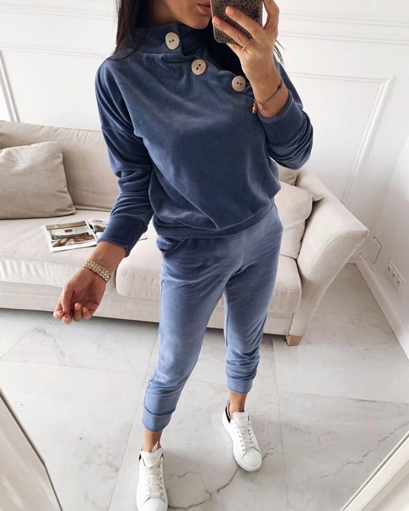 

Velvet Buttoned High Neck Casual Top & Pant Sets, Blue