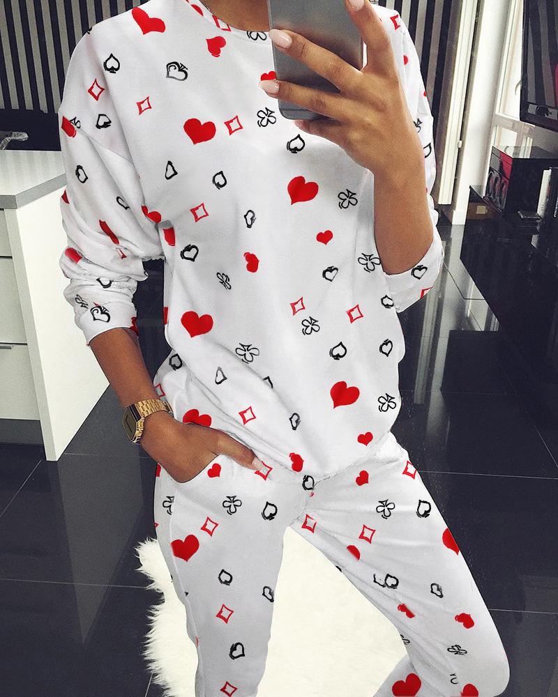 

Long Sleeve Heart Print Top & Pants Set, White