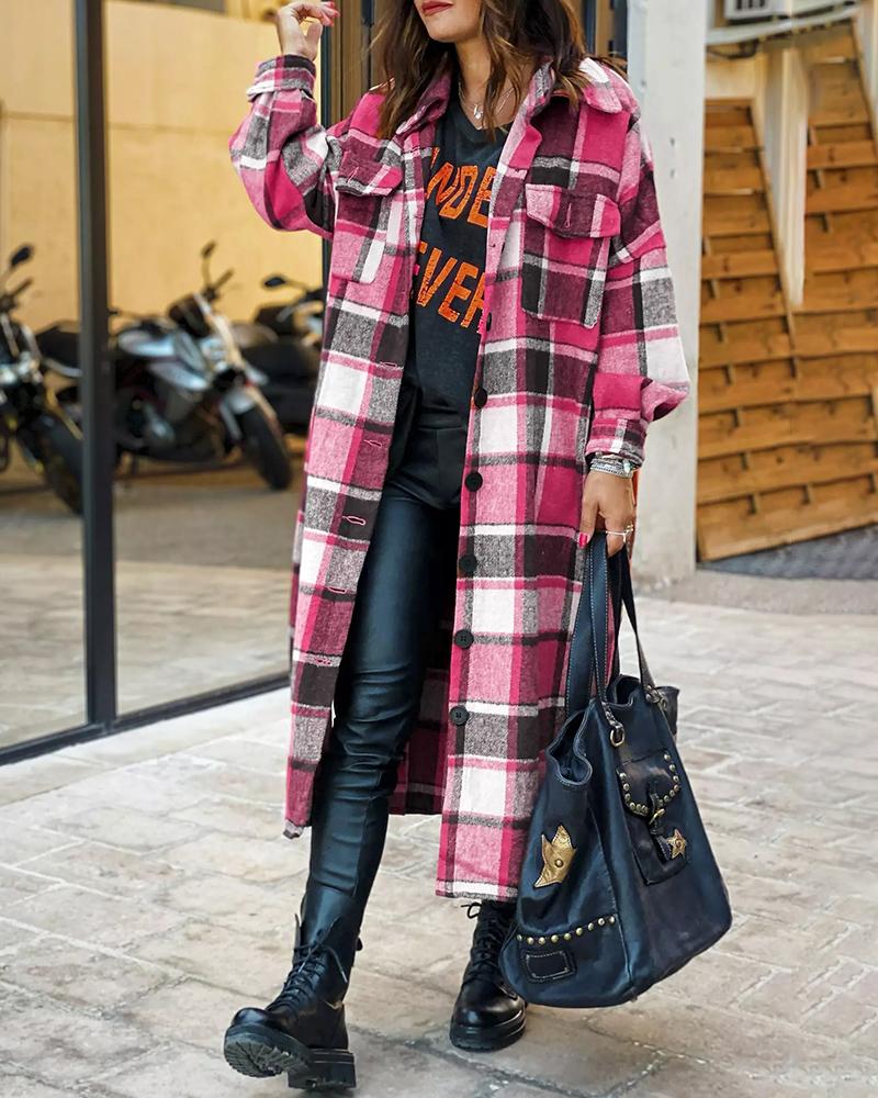 

Plaid Button Front Longline Coat, Hot pink