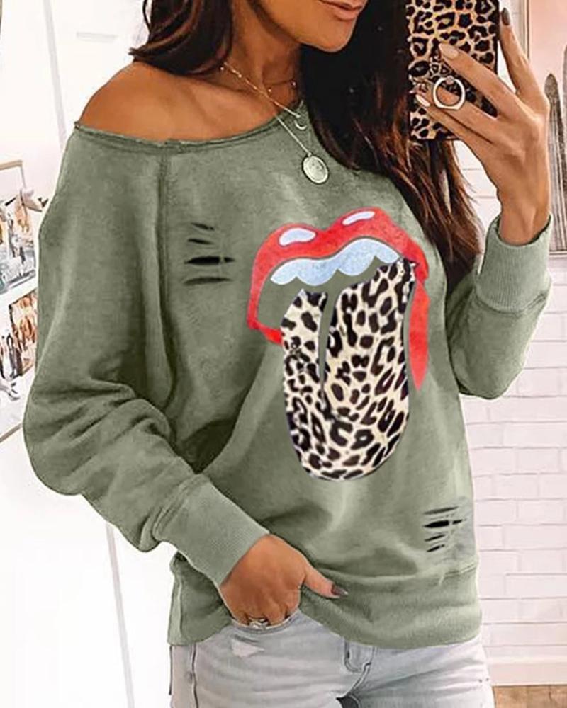 

Skew Neck Mouth Print Ripped Blouse, Green