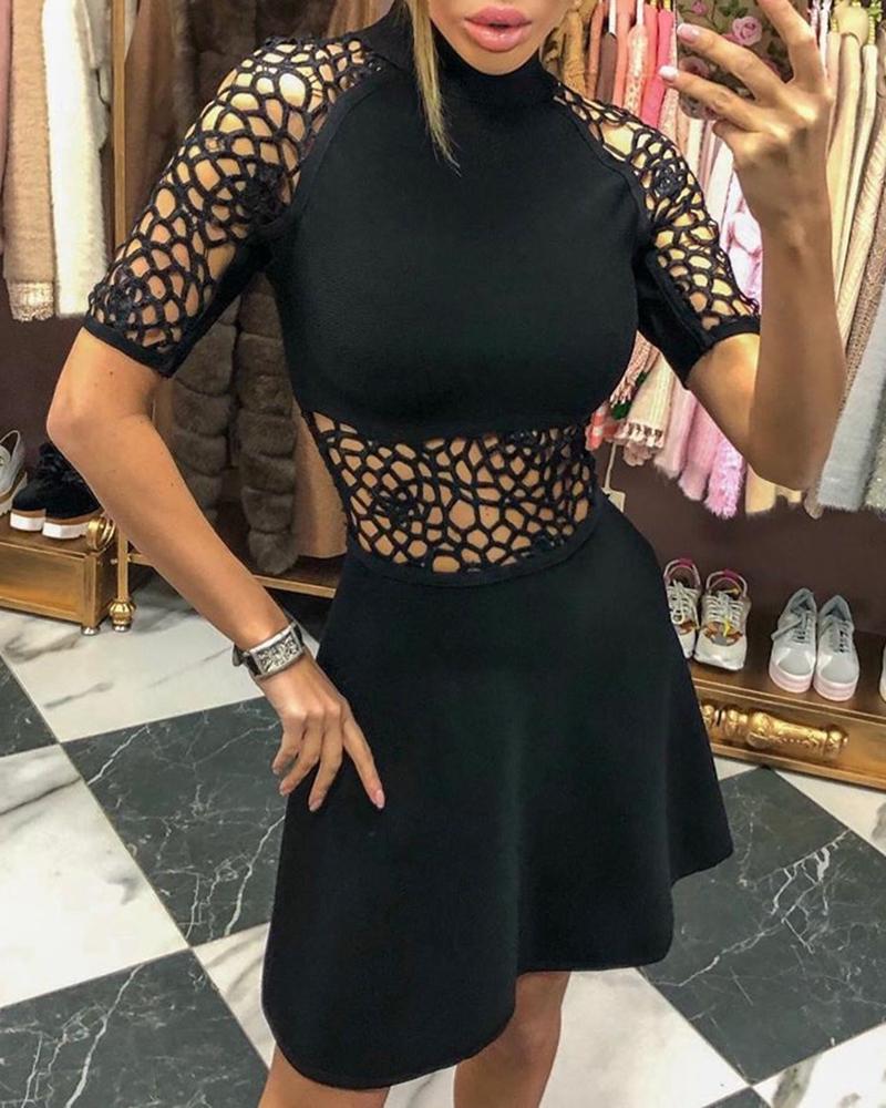 

Hollow Out Patchwork Skater Dress, Black