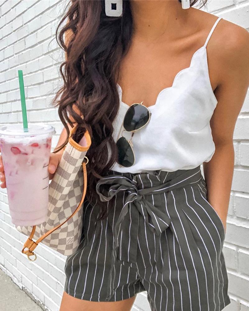 

Striped Paperbag Waist Casual Shorts, Dark grey