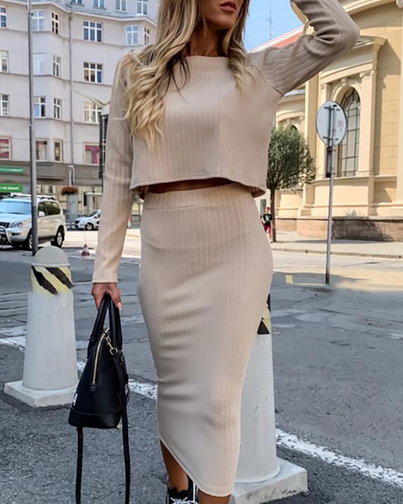 

Round Neck Ribbed Top & High Waist Skirt Sets, Apricot