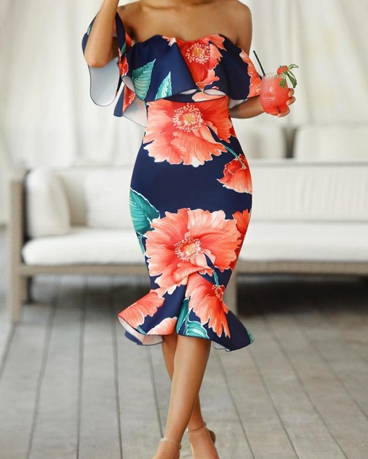 

Flounce Off Shoulder Floral Mermaid Dress, Blue
