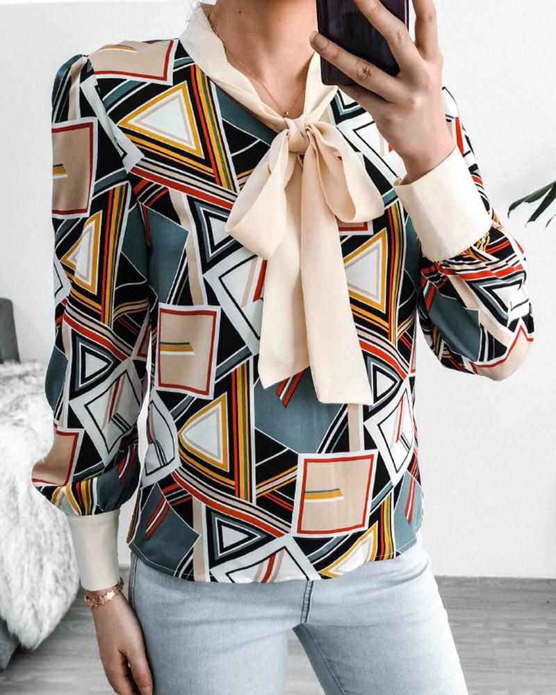 

Geometry Print Colorblock Tied Neck Top, Multicolor