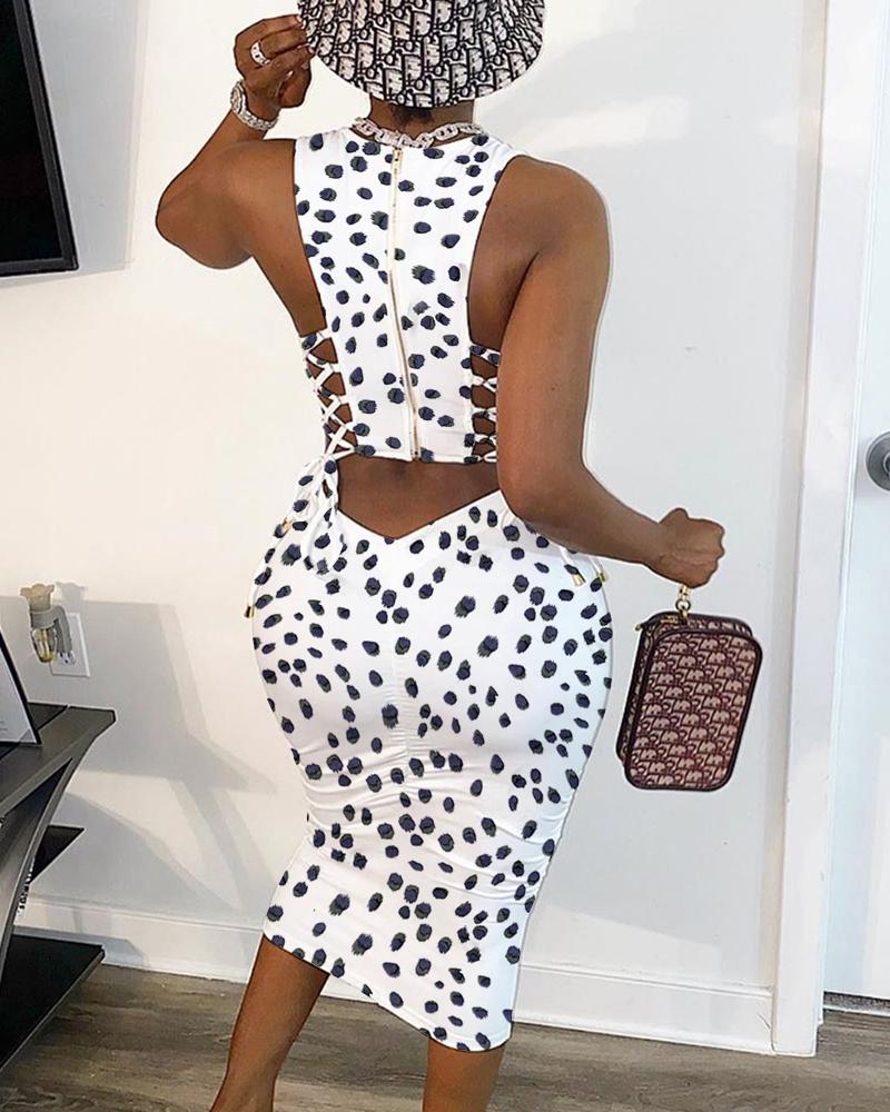 

Leopard Print Zipper Design Lace-up Dress, White