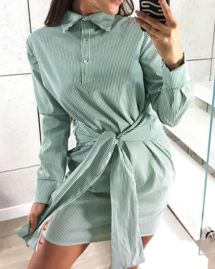 

Pinstripes Long Sleeve Tie Waist Shirt Dress, Green