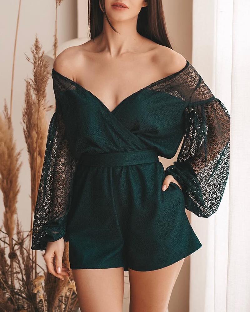 

Lantern Sleeve Lace Insert Casual Romper