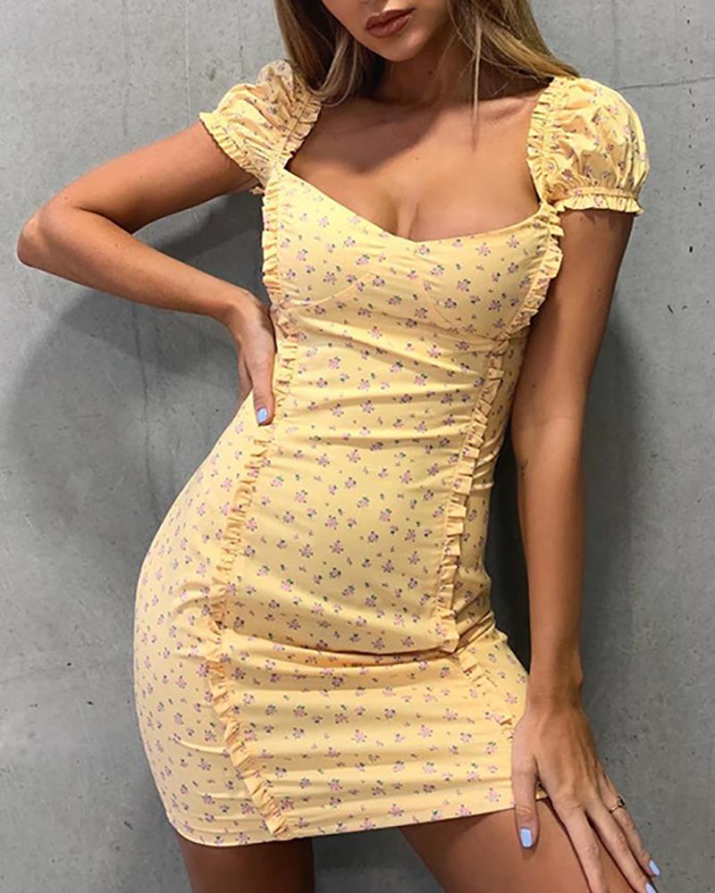 

Floral Print Backless Lace-up Dress, Yellow