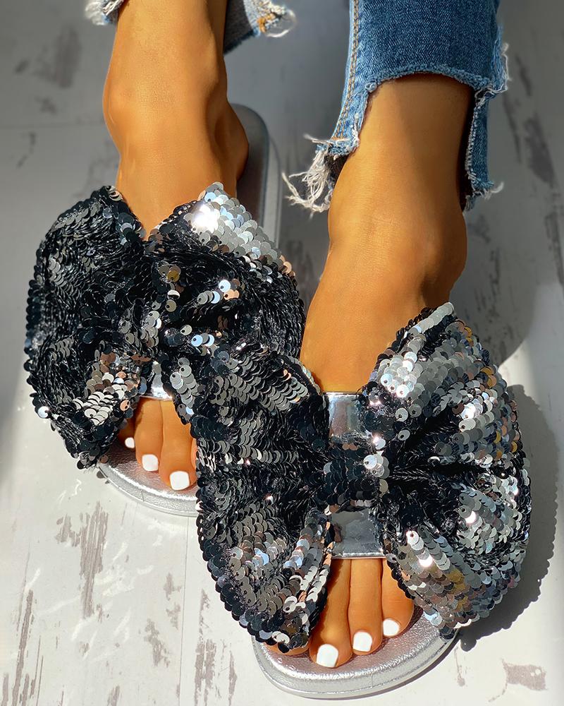 

Sequin Bowknot Design Open Toe Sandals, Silver