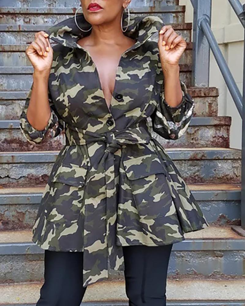 

Turn-down Collar Buttoned Pocket Camouflage Coat, Army green