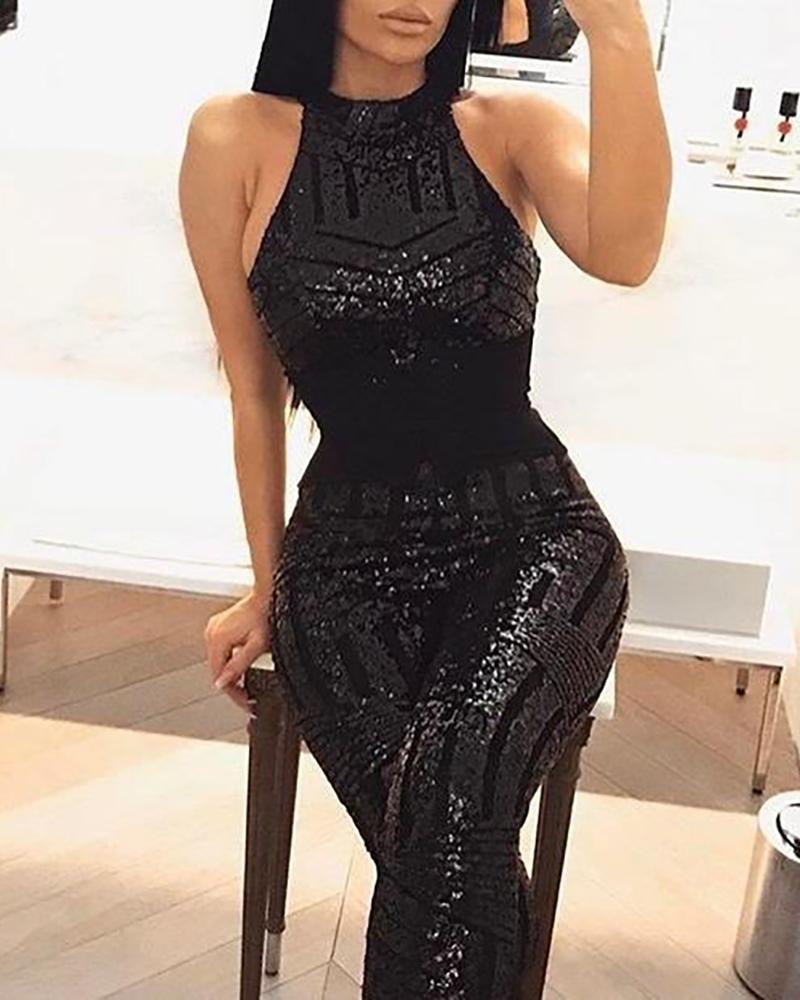 

Sequins Off Shoulder Sleeveless Jumpsuit, Black