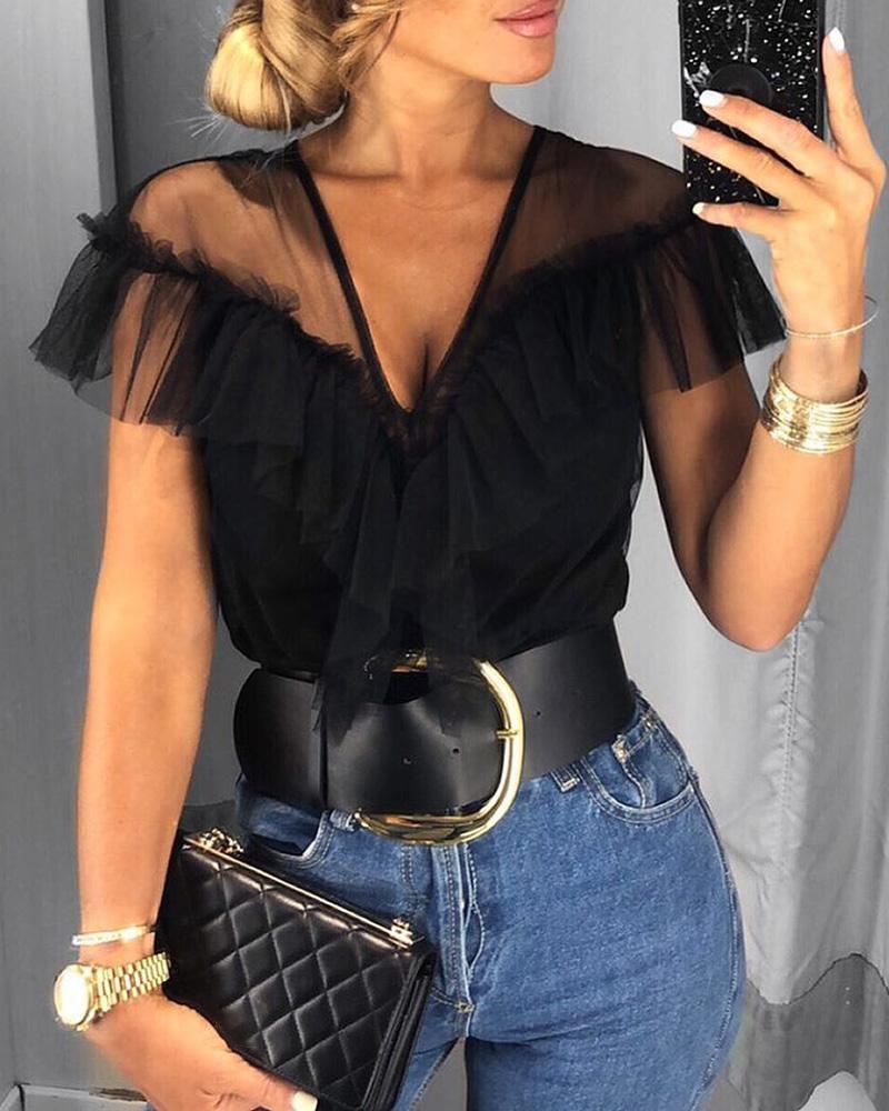 

Sheer Mesh Ruffles V-Neck Casual Blouse