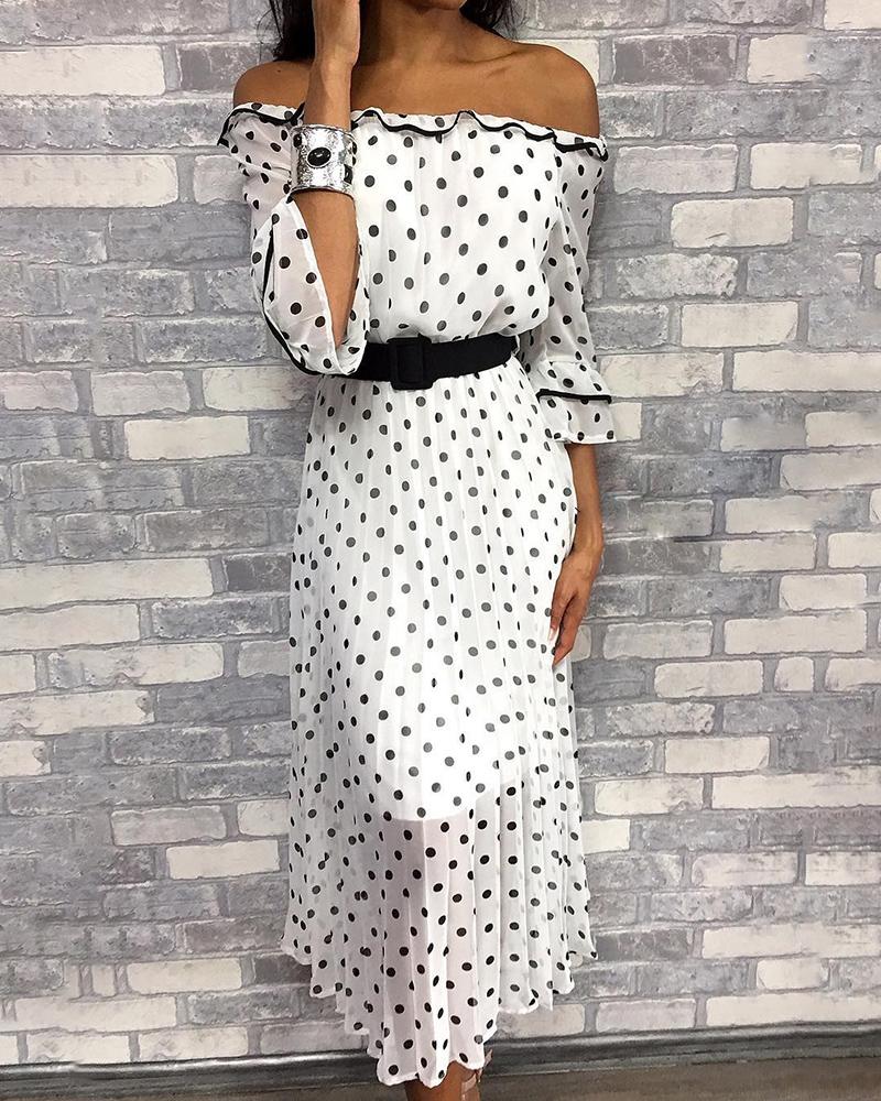 

Off Shoulder Dots Print Casual Dress, White