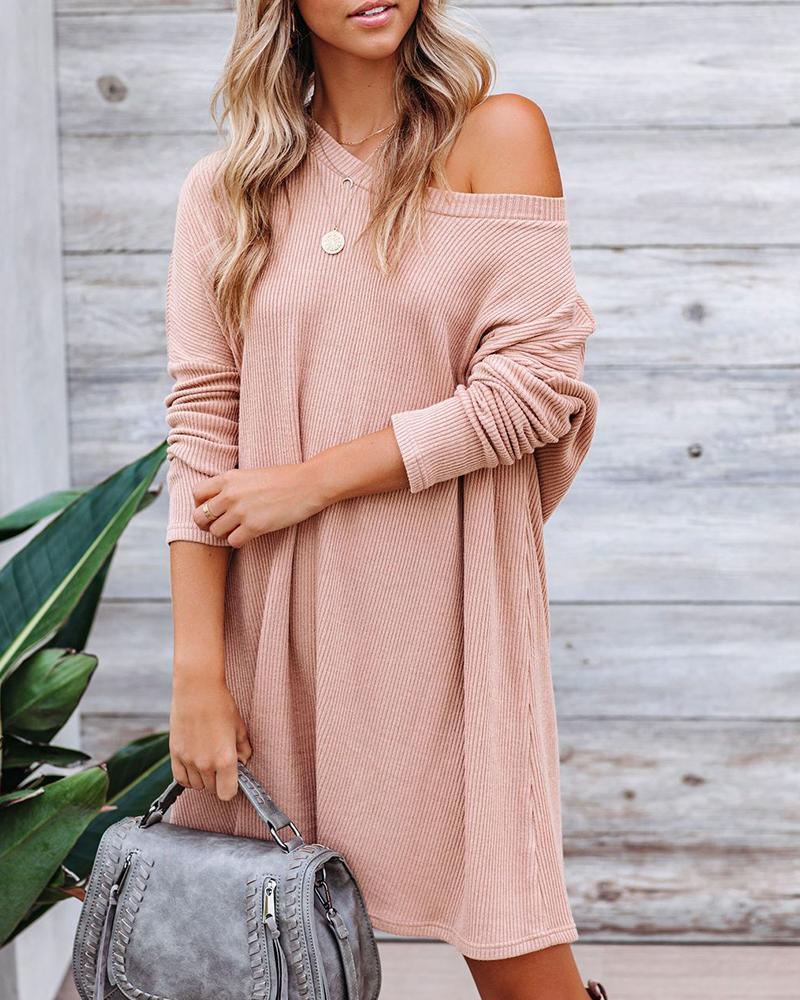 

Solid Long Sleeve Loose Dress, Khaki