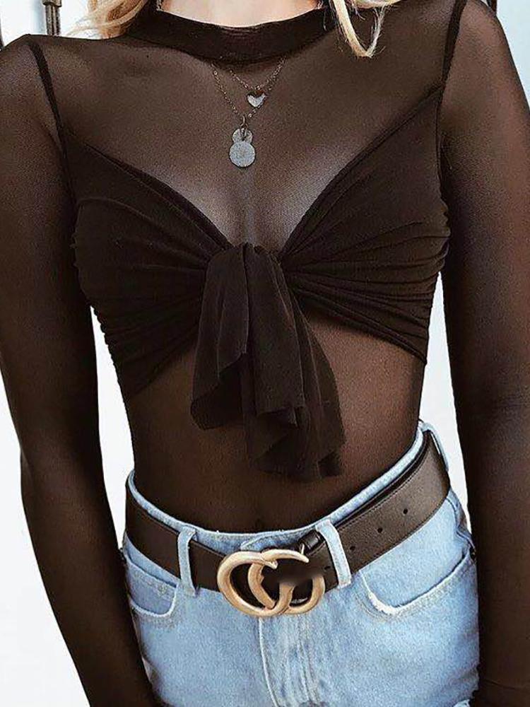 

Long Sleeve Sheer Mesh Tied Front Bodysuit