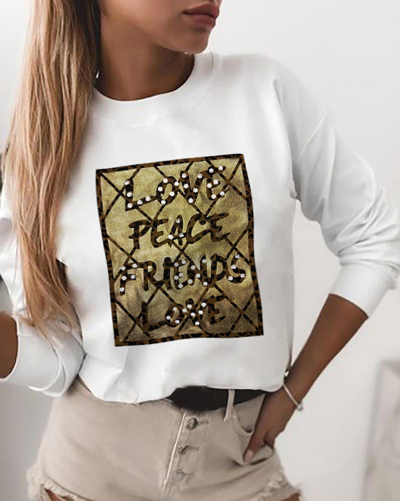 

Letter Print Long Sleeve Casual Top, White