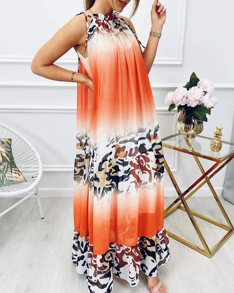 

Cheetah Print Colorblock Frill Hem Tied Detial Maxi Dress, Orange