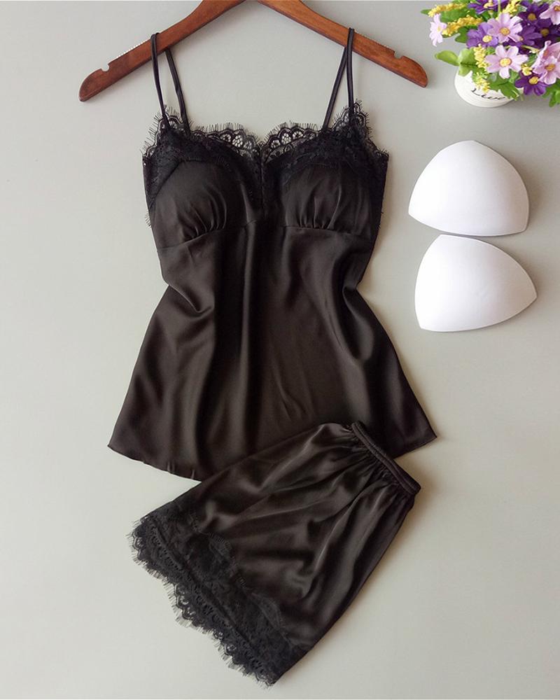 

Spaghetti Strap Eyelash Lace Insert Satin Cami Set, Black