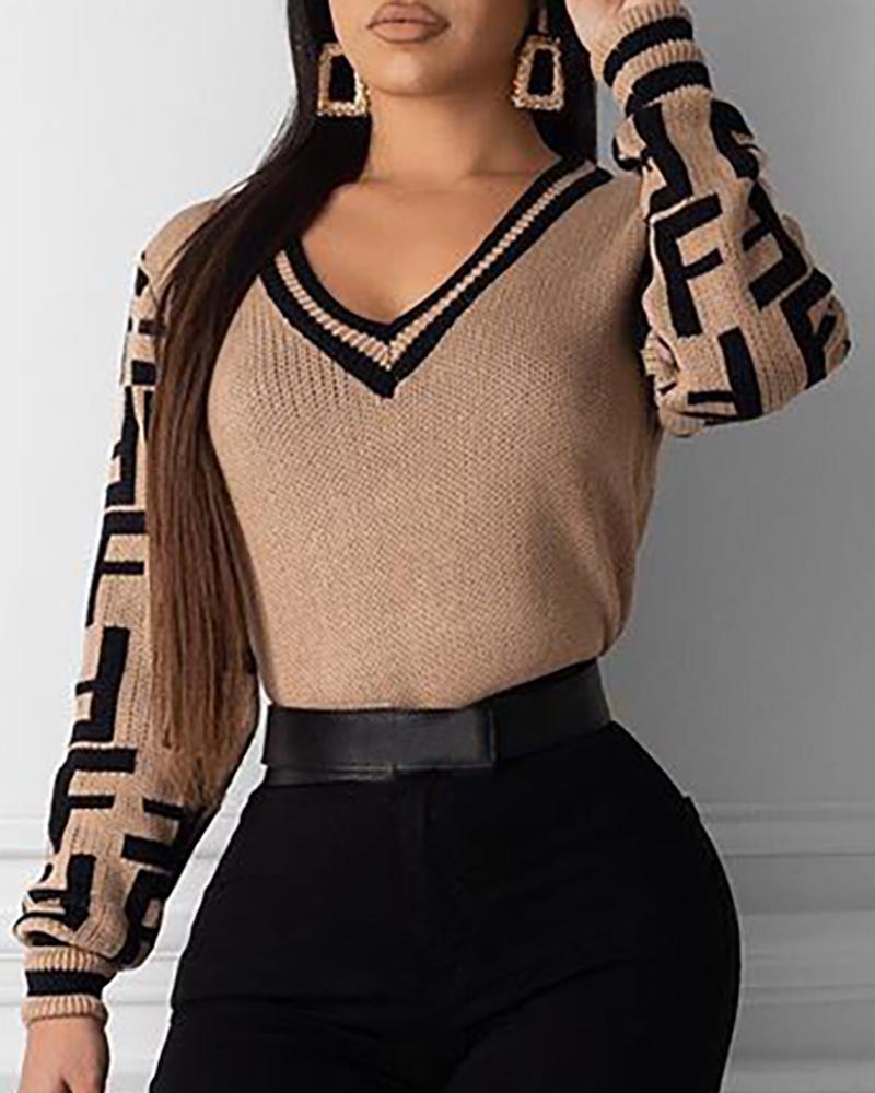 

Colorblock V-Neck Striped Knitting Sweater, Khaki