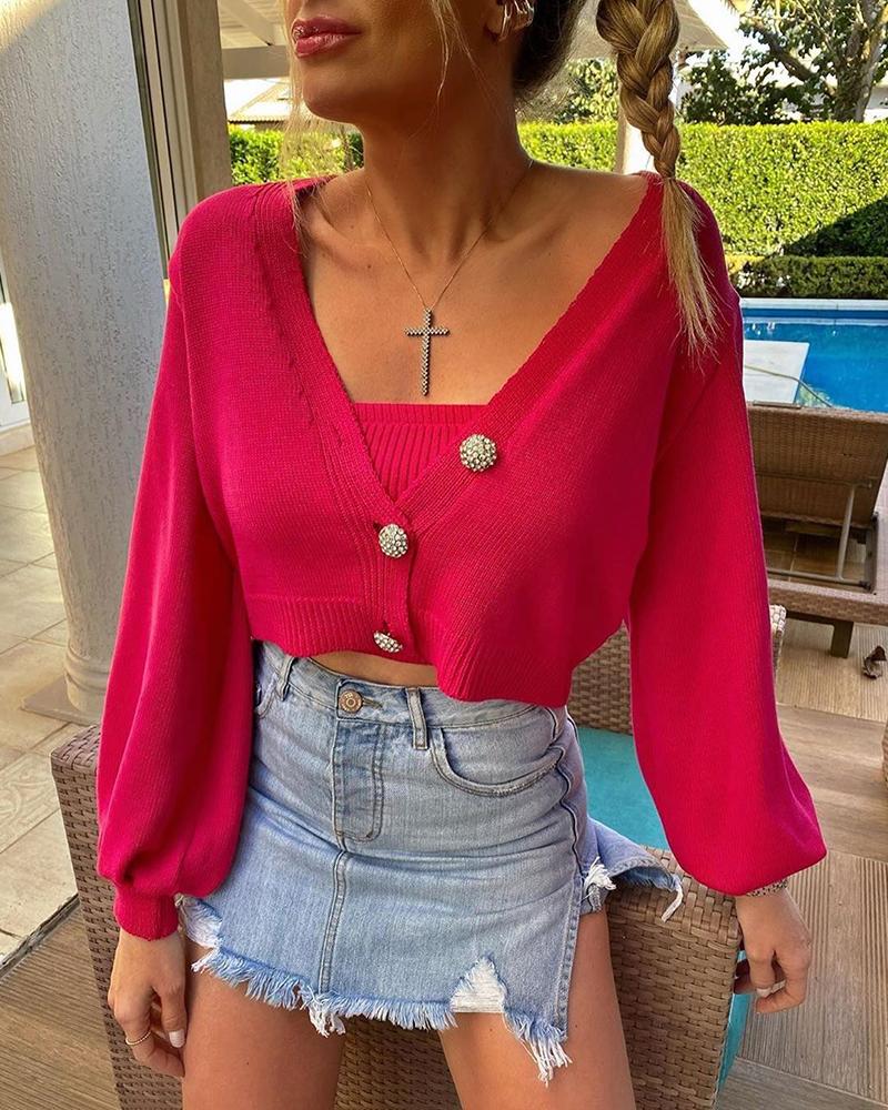 

Solid Top & Buttoned Lantern Sleeve Cardigan Set, Hot pink