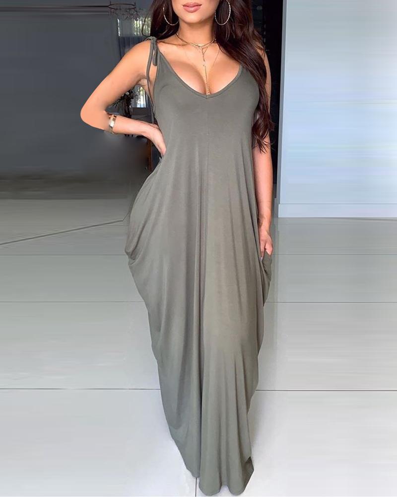 

Spaghetti Strap V-neck Casual Dress, Army green