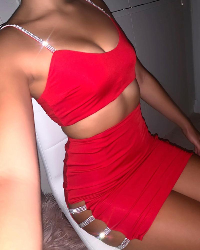 

Studded Spaghetti Strap Top & Skirt Set, Red