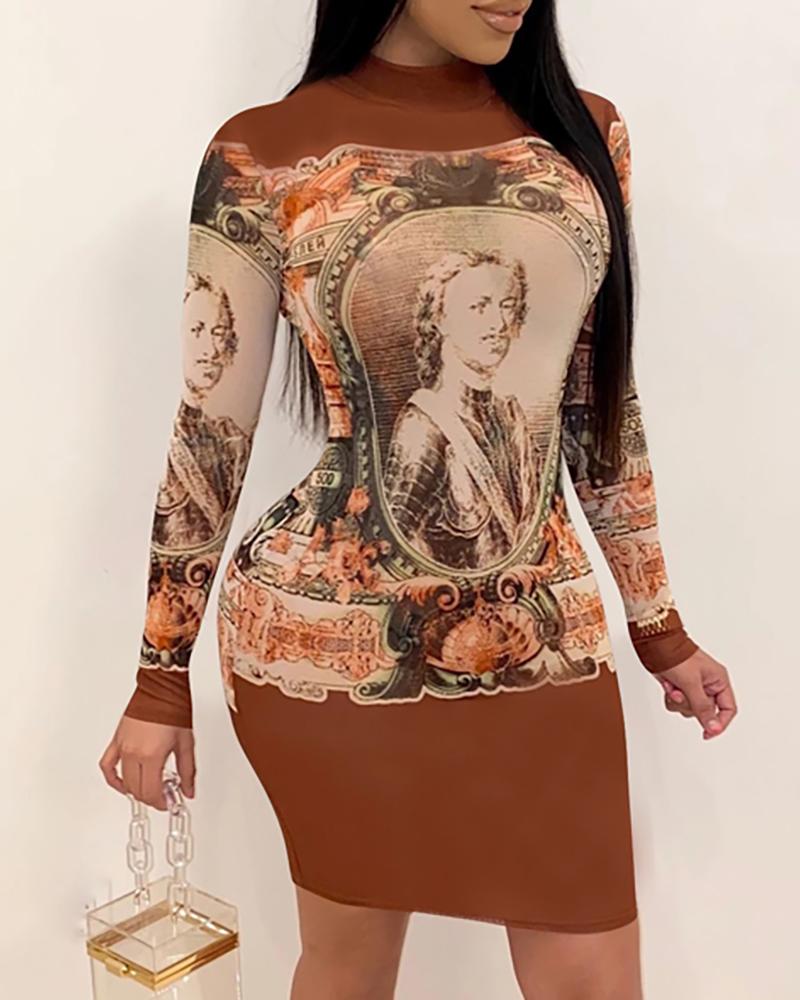 

Print Long Sleeve Bodycon Dress, Brown