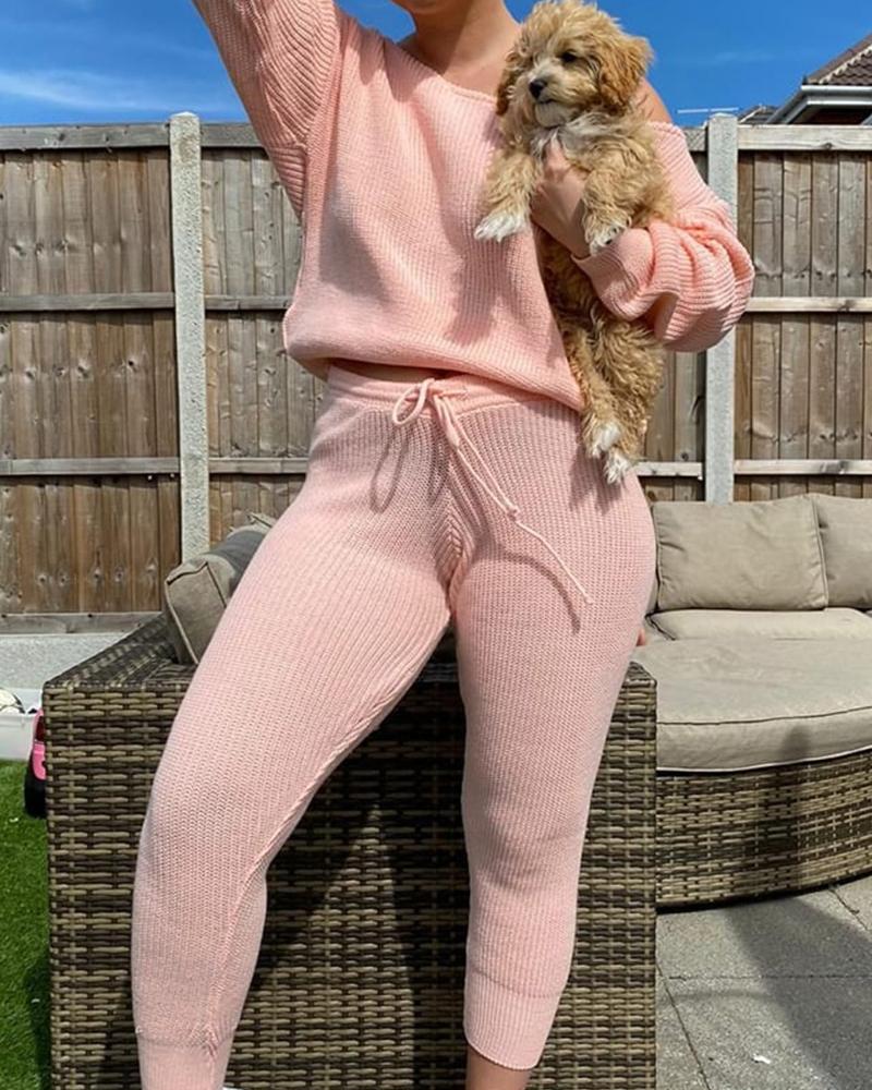 

Solid Knit Top & Drawstring Pants Sets, Pink