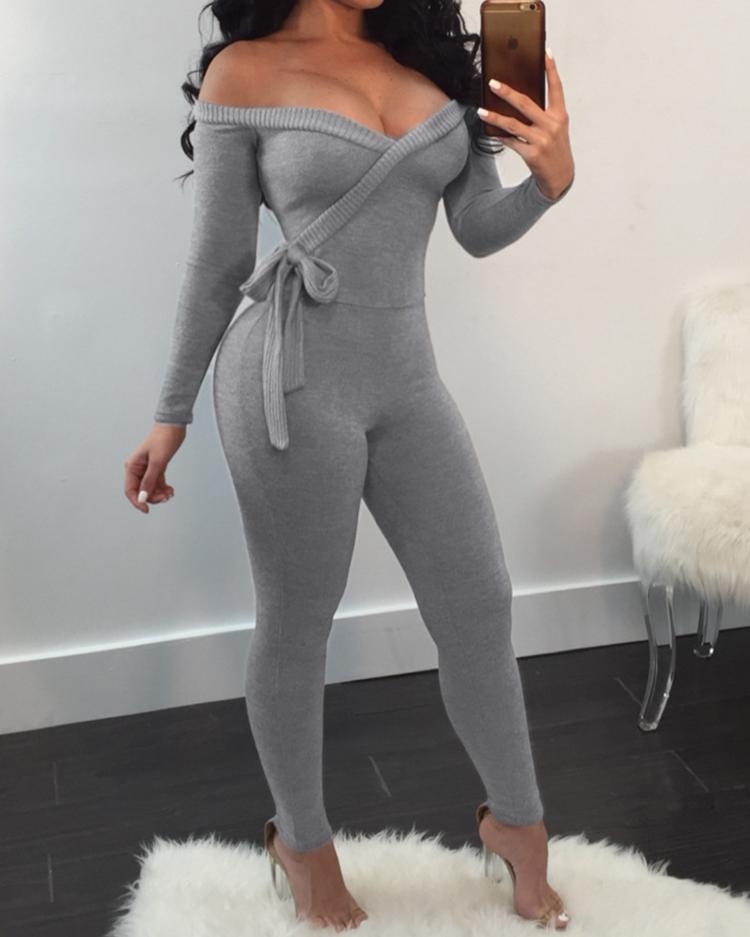 

Off Shoulder Tied Waist Jumpsuit, Gray