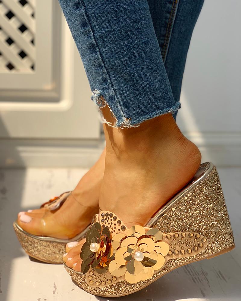 

Transparent Bead Studded Platform Wedge Sandals, Gold