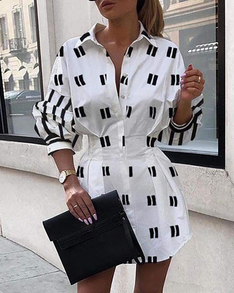 

Striped Print Casual Shirt Dress, White