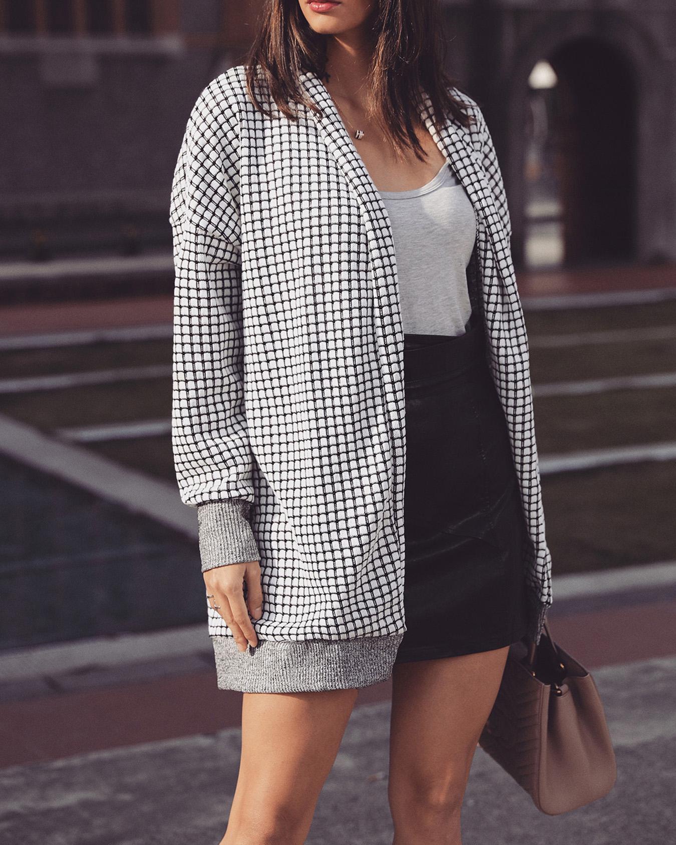 

Solid Open Front Grid Casual Coat, Black