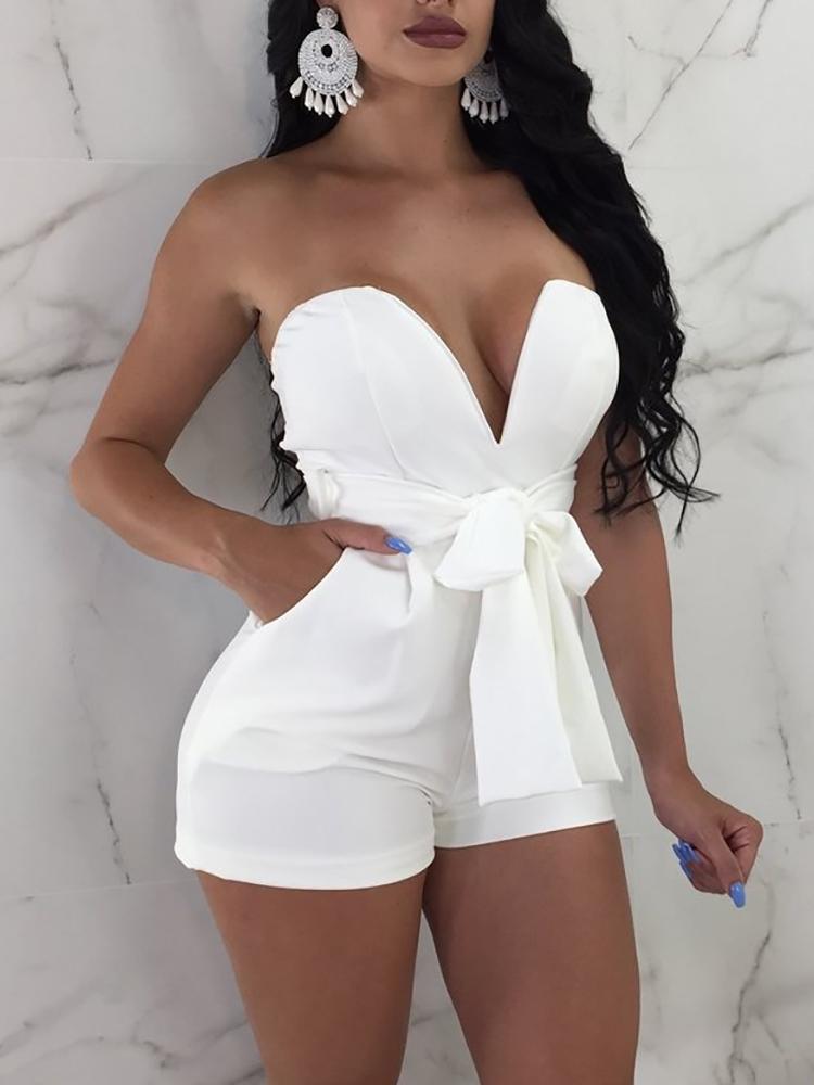 

Sweetheart Deep V Neck Solid Waist Belted Tube Romper, White
