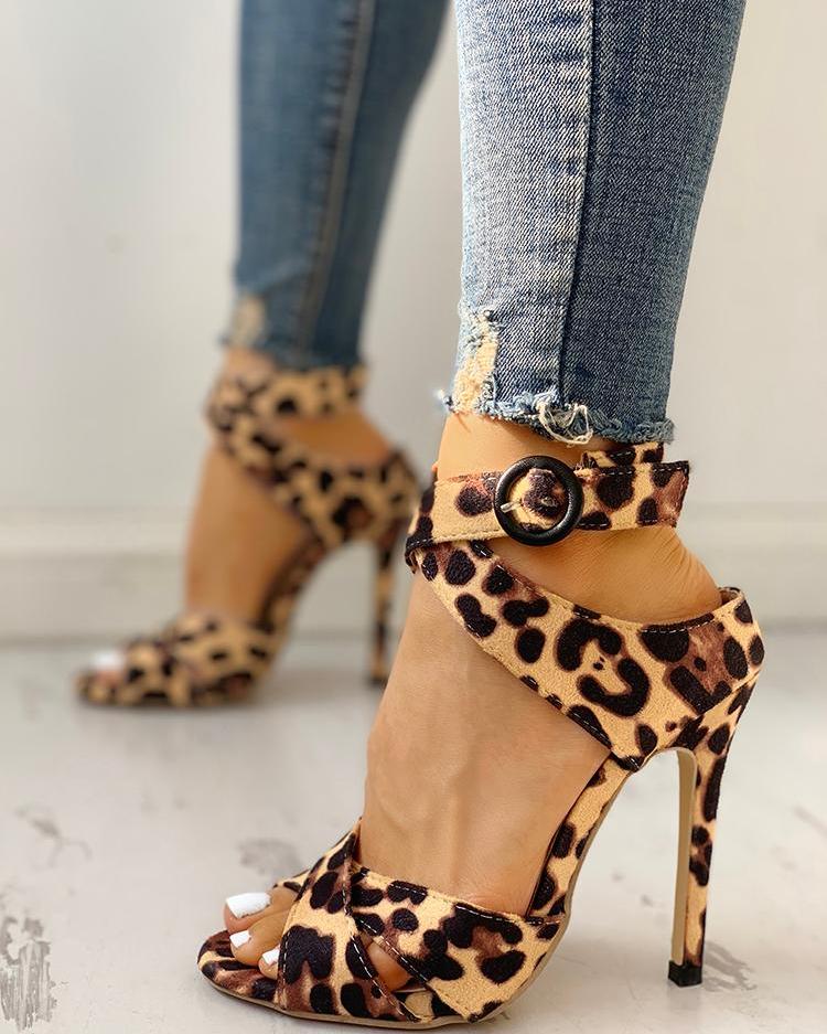 

Leopard Crisscross Ankle Buckle Thin Heeled Sandals
