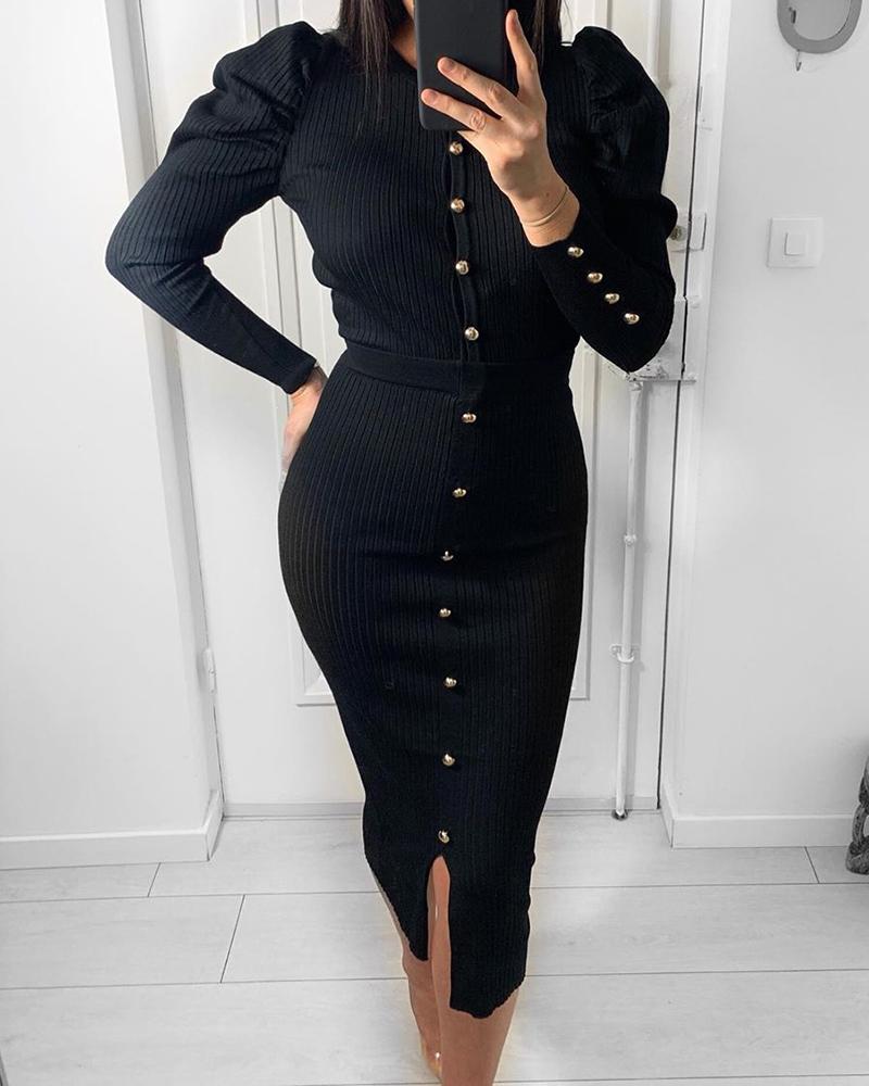 

Popper Cuff Ribbed Puff Sleeve Slinky Dress, Black