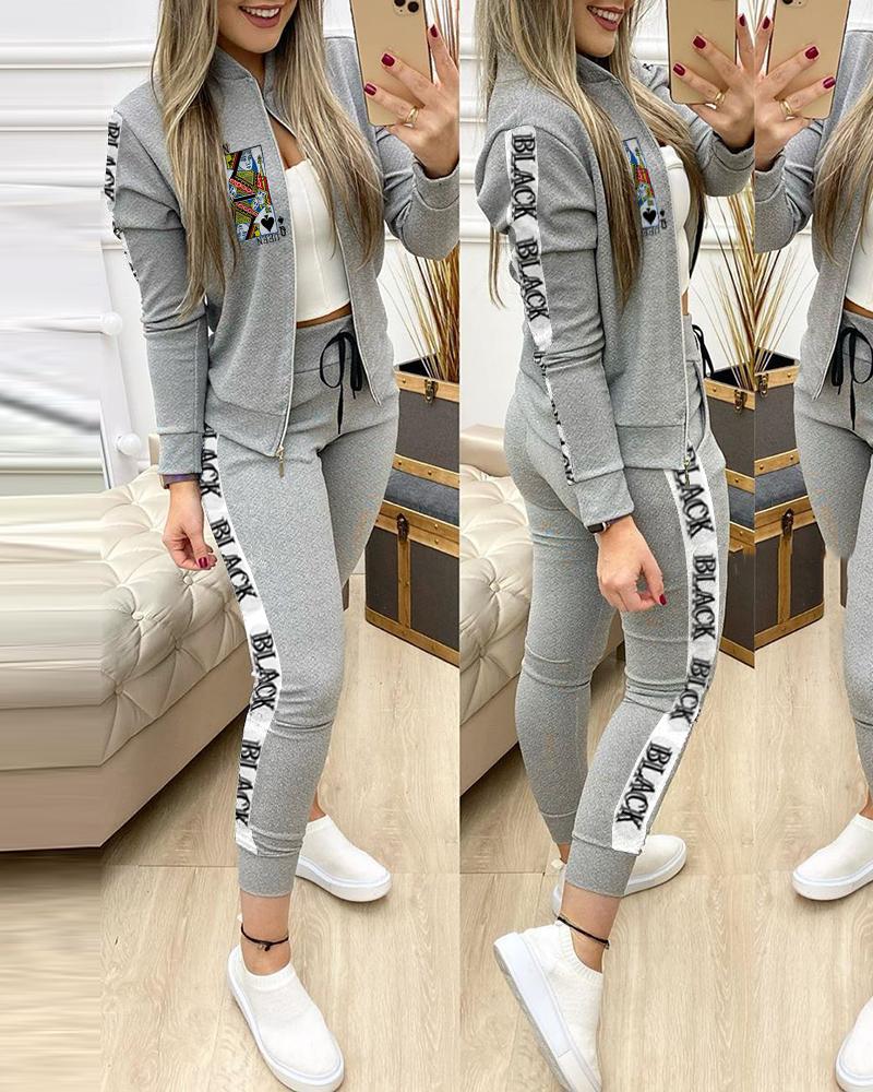 

Poker Letter Print Zip Jacket & Drawstring Pants Set, Gray