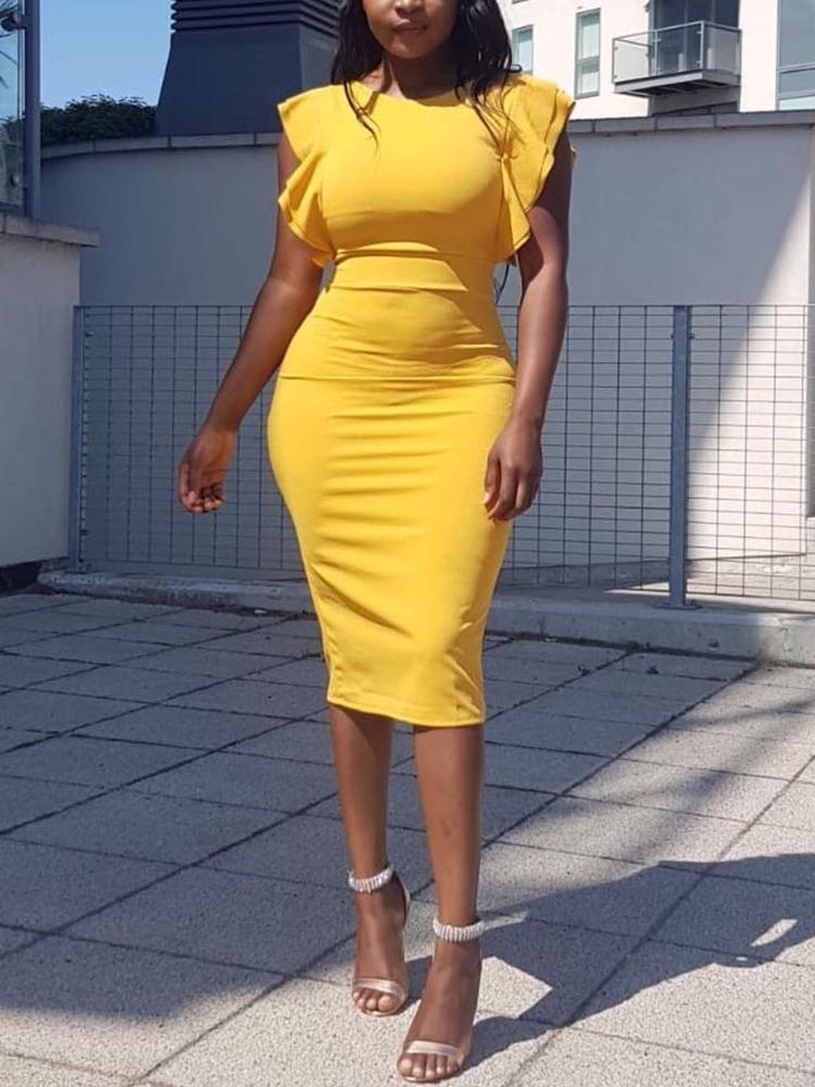 

Solid Flutter Sleeve Slit Bodycon Dress