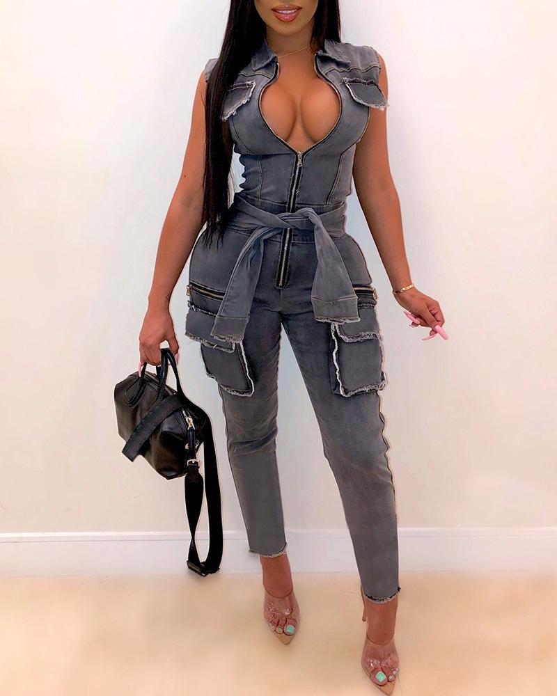 

Zipper Up knotted Denim Jumpsuit, Black
