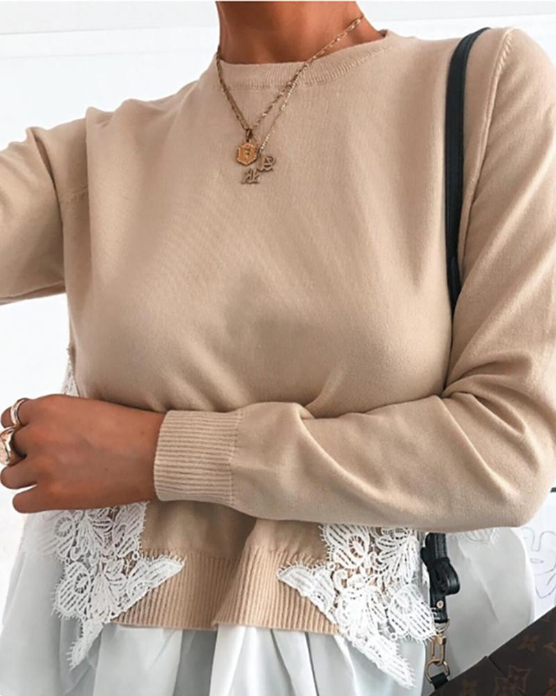 

Lace Long Sleeve Knitted Casual Sweater, Khaki