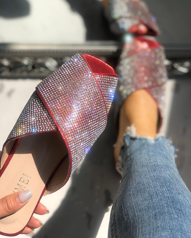 

Shiny Sequins Embellished Crisscross Sandals, Red