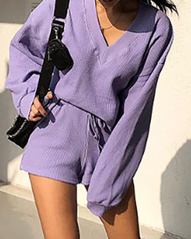 

Casual Knitted Top & Drawstring Shorts Set, Purple