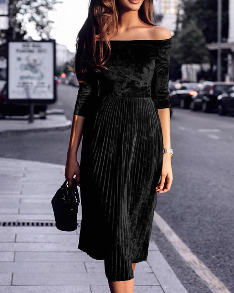 

Solid Off Shoulder Half Sleeve Pleated Dress, Black