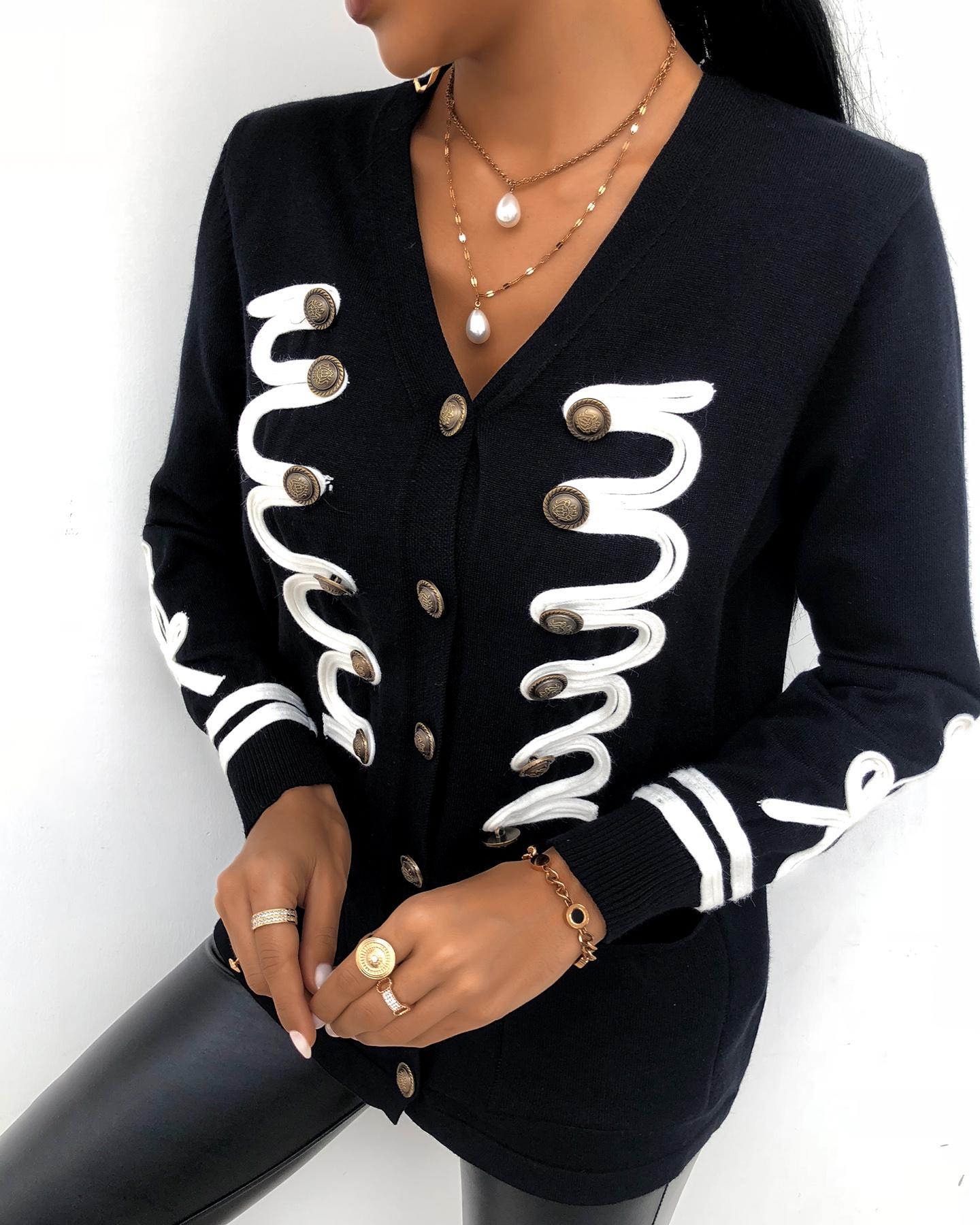 

Colorblock Button Pocket Design Knit Cardigan, Black
