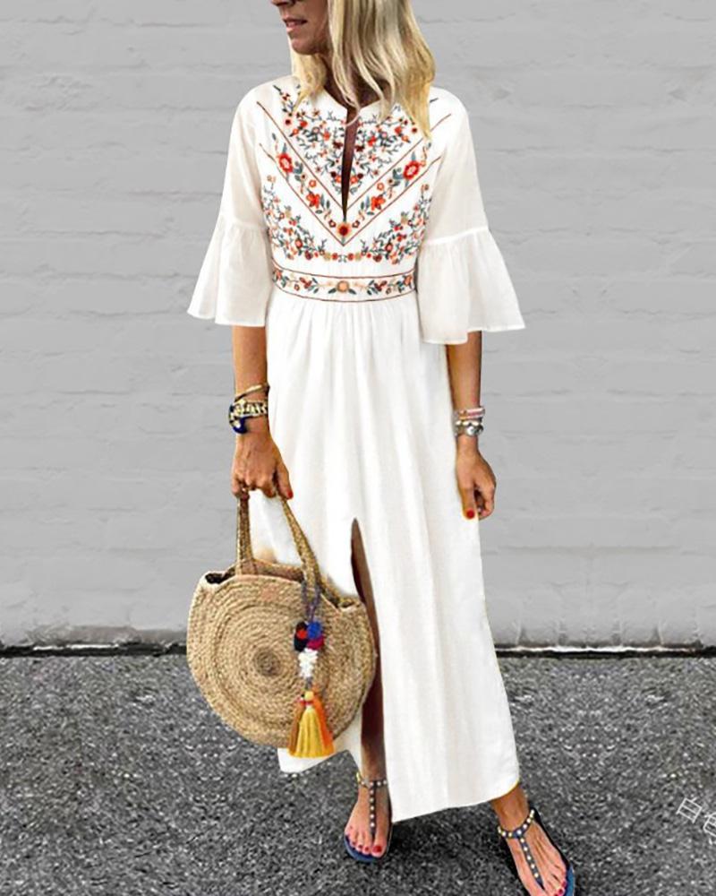 

Floral Bell Sleeve Slit Casual Dress, White