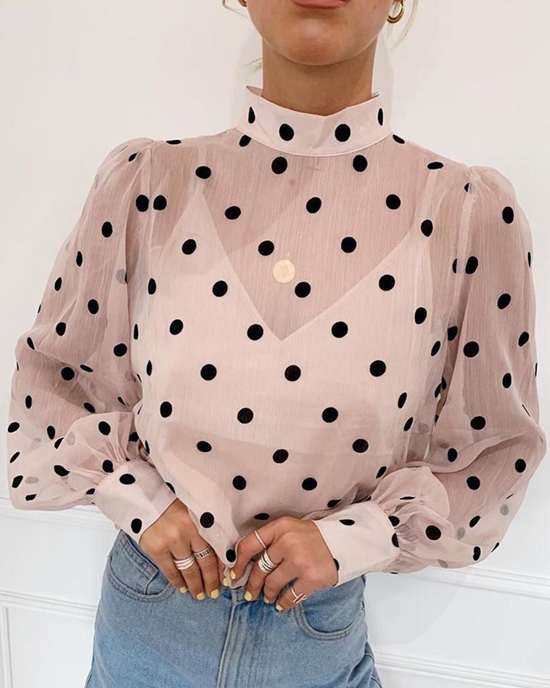 

Dot Puffed Sleeve Mesh Blouse, Apricot