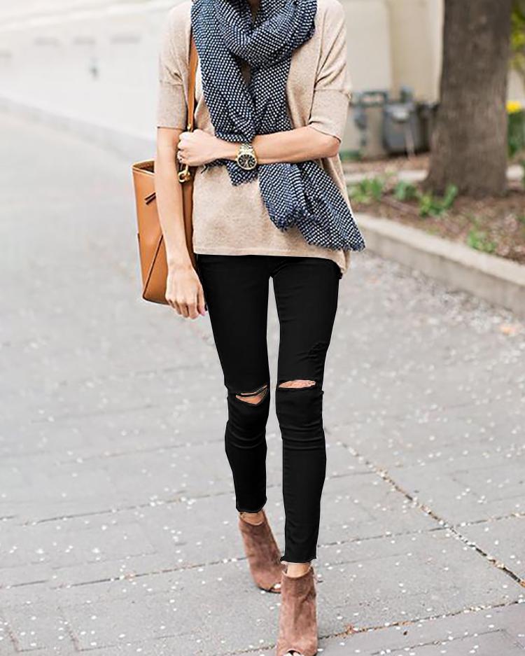 

High Waist Cutout Knee Denim Pants
